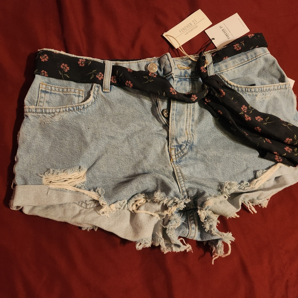 Light Blue Distressed Denim Shorts with Black Floral Belt Forever 21